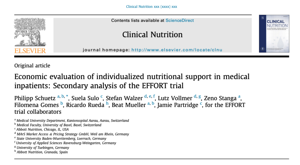 PDF [668 KB] Figures Save Share Reprints Request Economic evaluation of individualized nutritional support in medical inpatients: Secondary analysis of the EFFORT trial